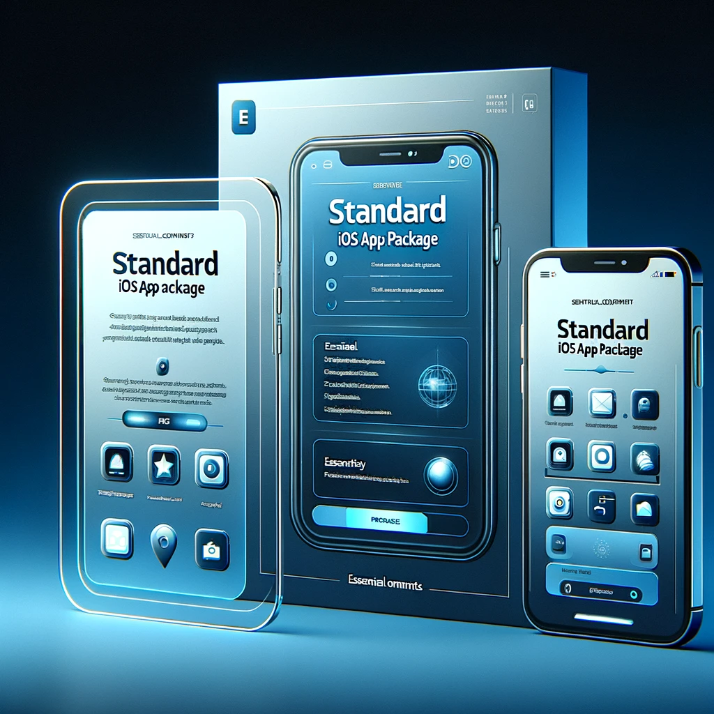 DALL·E 2024-06-05 15.00.53 - Create a frame image showcasing the 'Standard iOS App Package' with 3 mobile and web mockups in a blue gradient frame. The mockup screen content shoul (1) (1) Standard iOS App Package ...
