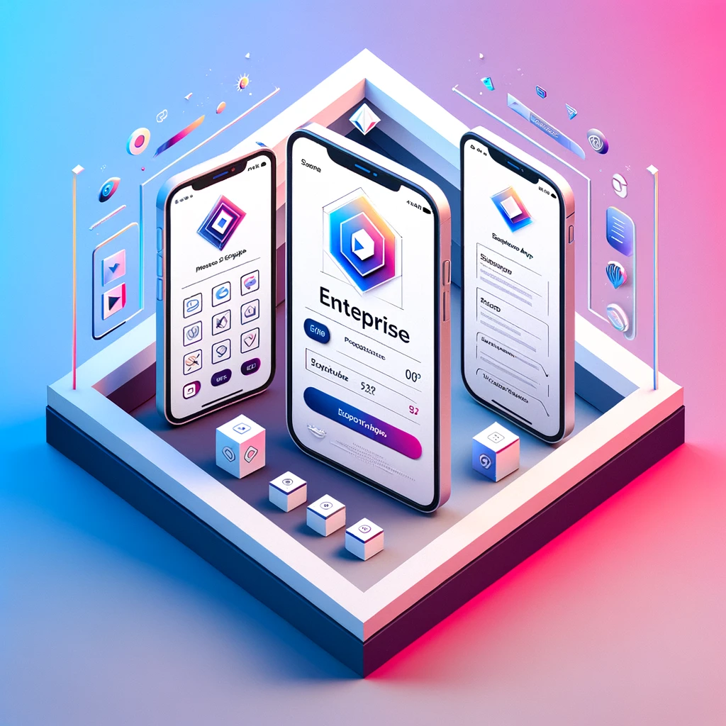 DALL·E 2024-06-05 15.06.06 - Create a frame image showcasing the 'Enterprise iOS App Package' with 3 mobile and web mockups in a diamond gradient frame. The mockup screen content Enterprise iOS App Package Deposit Payment